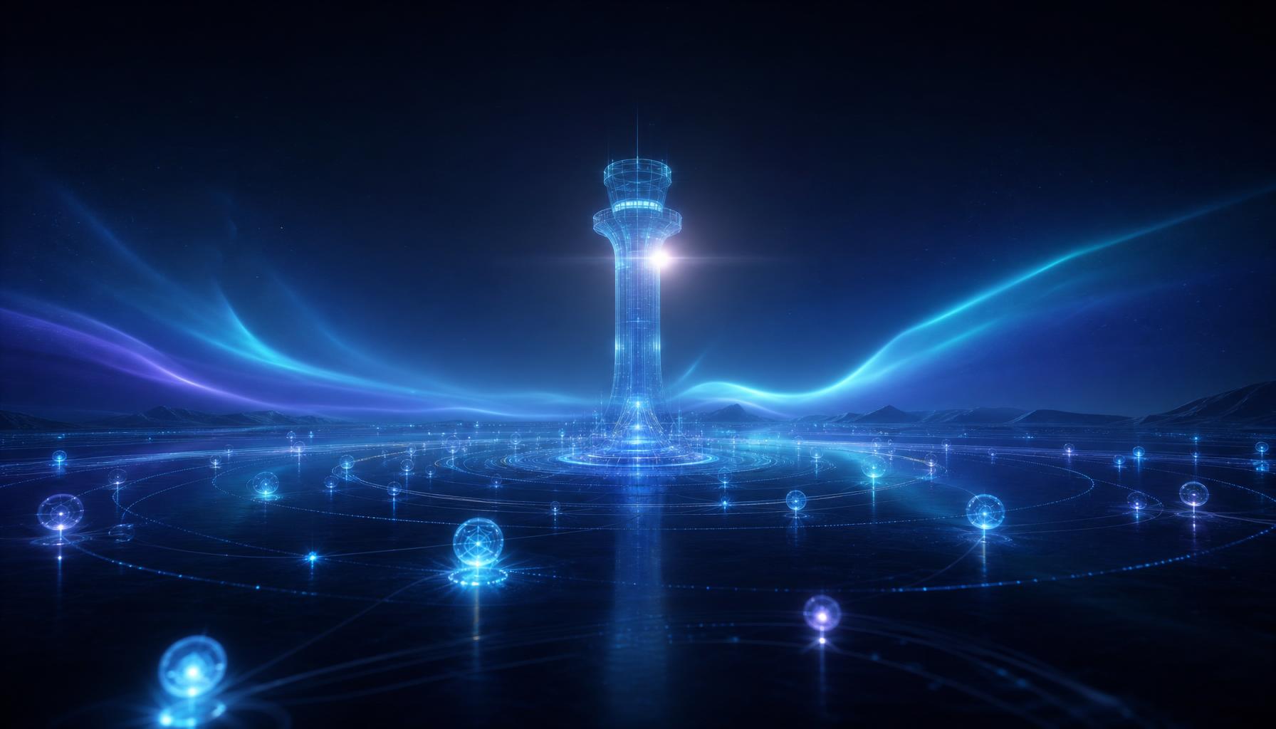 Tour de contrôle gouvernance IA orchestrant une flotte d'agents autonomes